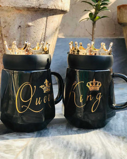 King Queen Fancy Couple Mug with Crown Lid