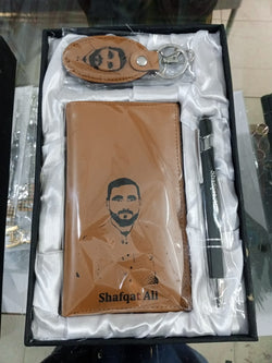 Customized Long Coat Wallet + Keychain + Pen in A Gift Box