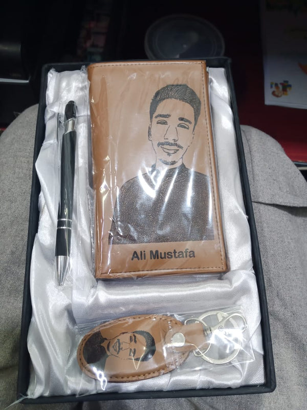 Customized Long Coat Wallet + Keychain + Pen in A Gift Box